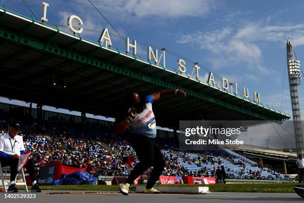 Divine Oladipo of Great Britain competes in the Women'd Shot Put during the New York Grand Prix at Icahn Stadium on June 12, 2022 in New York City.