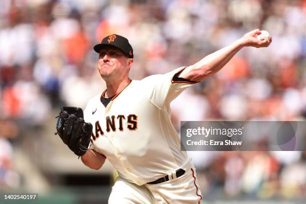 Jake McGee of the San Francisco Giants pitches against the Los Angeles Dodgers in the ninth inning at Oracle Park on June 12, 2022 in San Francisco,...