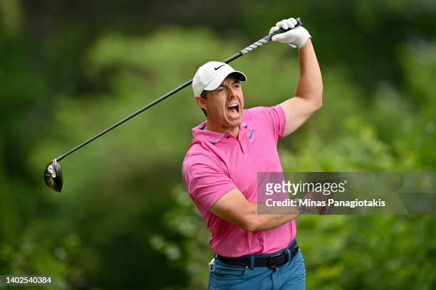 Rory McIlroy of Northern Ireland plays his shot from the 15th tee during the final round of the RBC Canadian Open at St. George's Golf and Country...