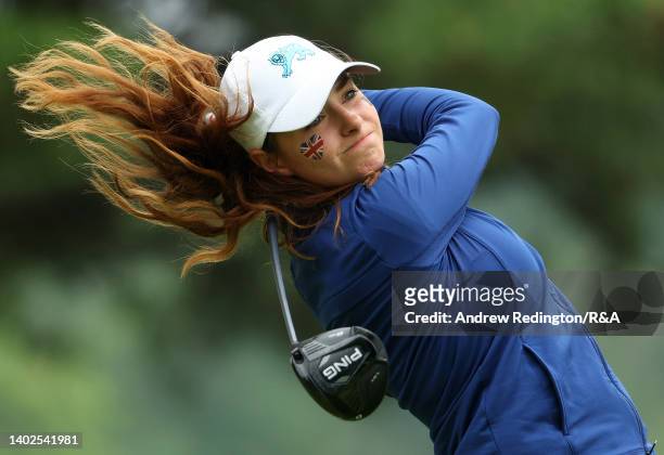 Caley McGinty of Team Great Britain and Ireland tees off on the second hole during the Day Three singles matches of The Curtis Cup at Merion Golf...