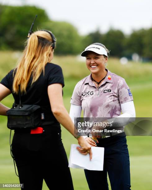 Brooke Henderson of Canada is interviewed by Hally Leadbetter of CBS after the final round of the ShopRite Classic at Seaview Bay Course on June 12,...