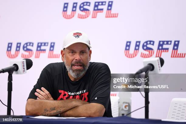 Head coach Todd Haley of the Tampa Bay Bandits talks to reporters after being defeated by the New Orleans Breakers 17-6 Protective Stadium on June...