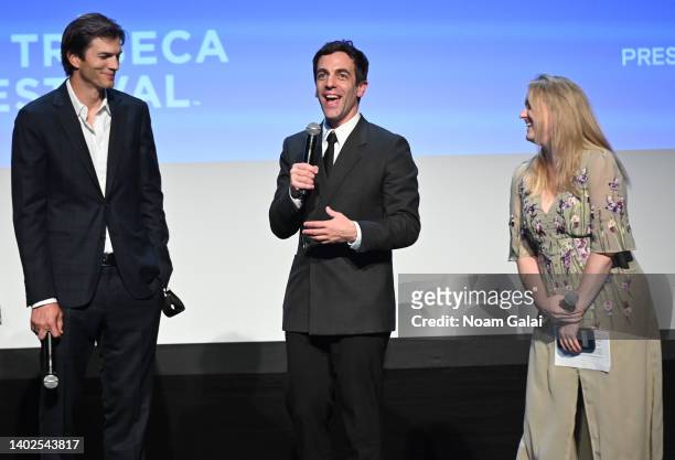 Ashton Kutcher and B.J. Novak speak on stage during the "Vengeance" premiere during the 2022 Tribeca Festival at BMCC Tribeca PAC on June 12, 2022 in...