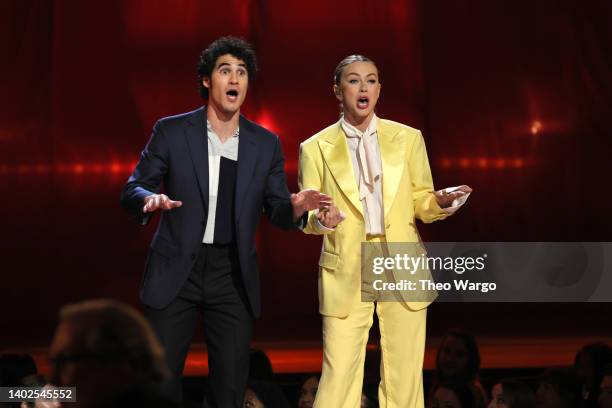 Co-hosts Darren Criss and Julianne Hough speak onstage at the 75th Annual Tony Awards at Radio City Music Hall on June 12, 2022 in New York City.