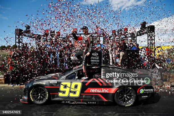 Daniel Suarez, driver of the Onx Homes/Renu Chevrolet, celebrates in victory lane after winning the NASCAR Cup Series Toyota/Save Mart 350 at Sonoma...