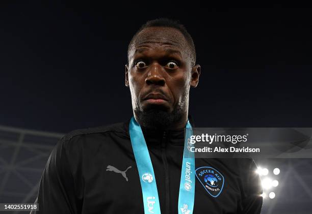 Usain Bolt of World XI FC looks on after Soccer Aid for Unicef 2022 at London Stadium on June 12, 2022 in London, England.