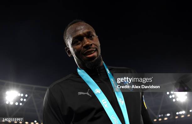 Usain Bolt of World XI FC looks on after Soccer Aid for Unicef 2022 at London Stadium on June 12, 2022 in London, England.