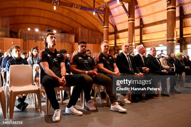 Josh Lord, Samisoni Taukei’aho and Sam Cane of the All Blacks attend dthe New Zealand All Blacks Squad Announcement at Fale o Samoa on June 13, 2022...