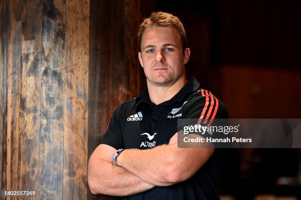 Sam Cane of the All Blacks poses for a photo during the New Zealand All Blacks Squad Announcement at Fale o Samoa on June 13, 2022 in Auckland, New...