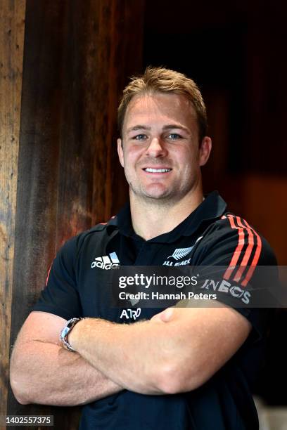 Sam Cane of the All Blacks poses for a photo during the New Zealand All Blacks Squad Announcement at Fale o Samoa on June 13, 2022 in Auckland, New...