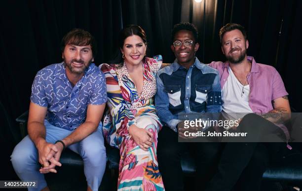 Dave Haywood, Hillary Scott of Lady A, BRELAND and Charles Kelley of Lady A attend day 4 of The 49th CMA Fest at Nissan Stadium on June 12, 2022 in...