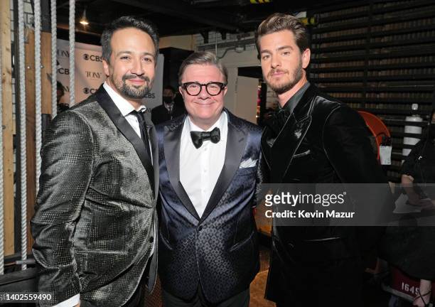 Lin-Manuel Miranda, Nathan Lane, and Andrew Garfield attend the 75th Annual Tony Awards at Radio City Music Hall on June 12, 2022 in New York City.