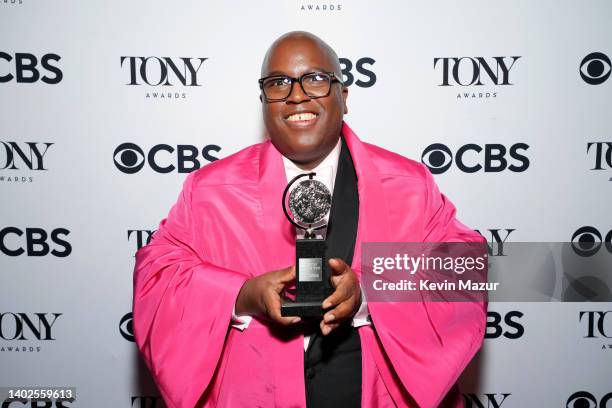 Michael R. Jackson poses with the award for Best Book of a Musical for "A Strange Loop" backstage during the 75th Annual Tony Awards at Radio City...