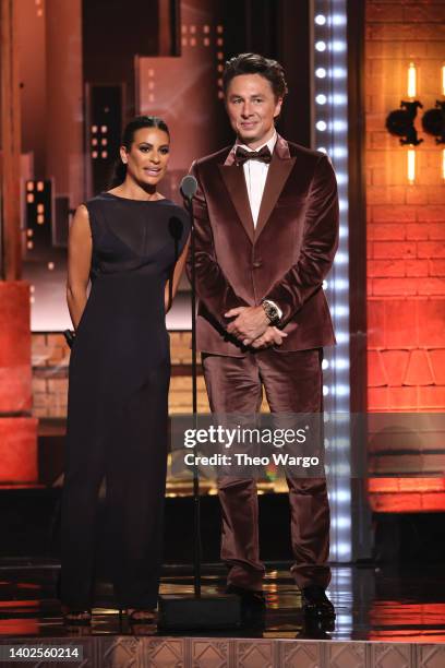 Lea Michele and Zach Braff speak onstage at the 75th Annual Tony Awards at Radio City Music Hall on June 12, 2022 in New York City.