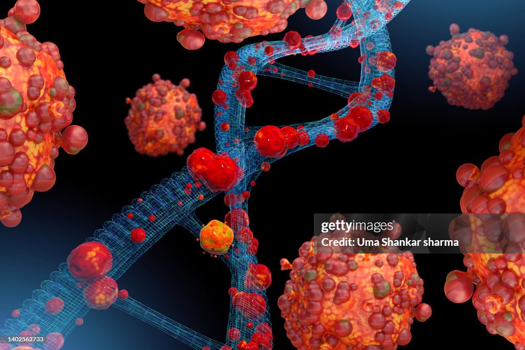 DNA spiral with Monkeypox Virus attacking