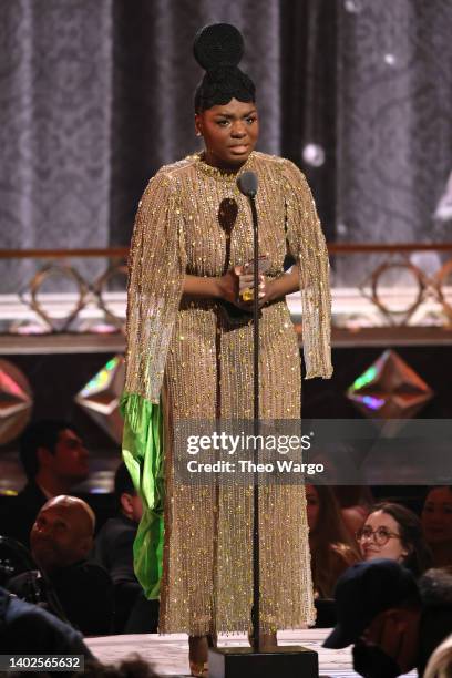 Joaquina Kalukango accepts the award for Best Performance by an Actress in a Leading Role in a Musical for "Paradise Square" onstage at the 75th...