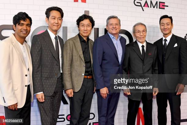 Anupam Tripathi, Lee Jung-jae, Hwang Dong-hyuk, CEO of Netflix Ted Sarandos, Oh Young-soo, and Park Hae-soo attend Netflix's "Squid Game" Los Angeles...