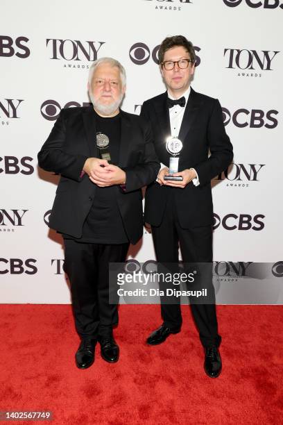 Simon Russell Beale and Ben Power pose in the press room after winning Best Performance by an Actor in a Leading Role in a Play and Best Play...