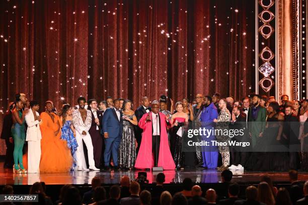 Barbara Whitman, Michael R. Jackson, Jaquel Spivey, and the cast and crew accept the award for Best Musical for "A Strange Loop" onstage at the 75th...
