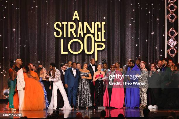 Barbara Whitman, Michael R. Jackson, Jaquel Spivey, and the cast and crew accept the award for Best Musical for "A Strange Loop" onstage at the 75th...