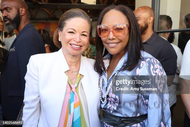 Valerie Jarrett and Lynn Whitfield attend the When We All Vote Inaugural Culture of Democracy Summit VIP reception on June 12, 2022 in Beverly Hills,...