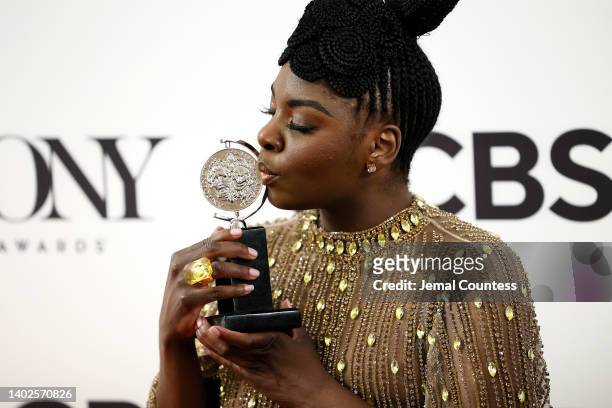Joaquina Kalukango, winner of the award for Best Performance by an Actress in a Leading Role in a Musical for "Paradise Square," poses in the press...