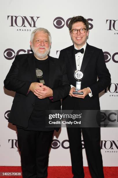 Simon Russell Beale and Ben Power pose in the press room after winning Best Performance by an Actor in a Leading Role in a Play and Best Play...