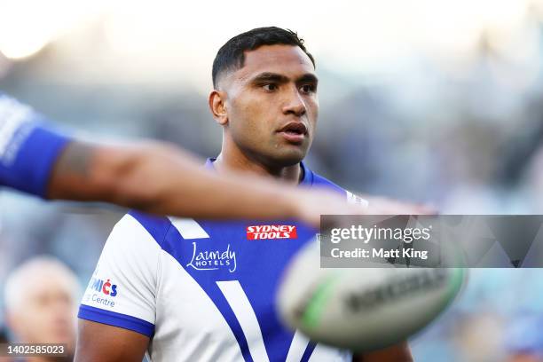 Tevita Pangai Junior of the Bulldogs warms up during the round 14 NRL match between the Canterbury Bulldogs and the Parramatta Eels at Accor Stadium,...