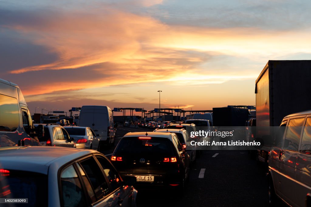 Traffic jam at the border crossing point between the countries