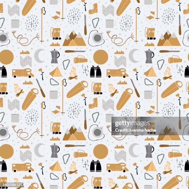 illustration. seamless pattern. camping and outdoor activities drawings. - camping icons stock-fotos und bilder