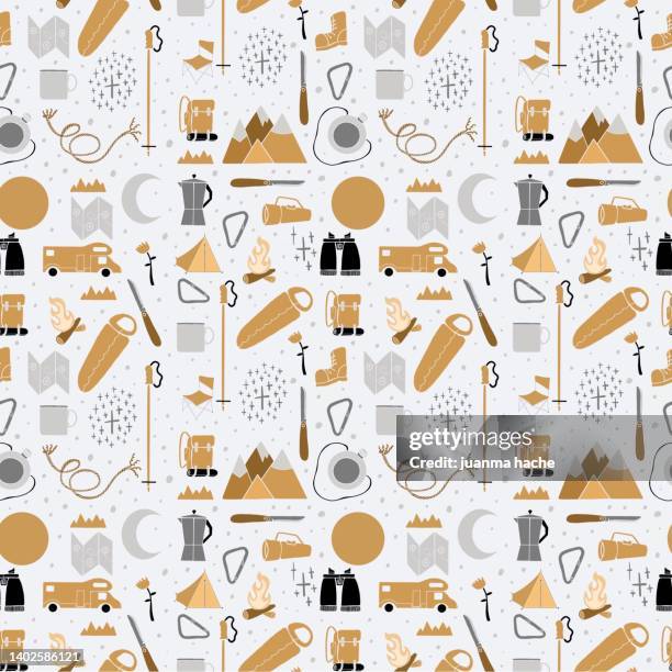 illustration. seamless pattern. camping and outdoor activities drawings. - summer stock illustrations stock pictures, royalty-free photos & images