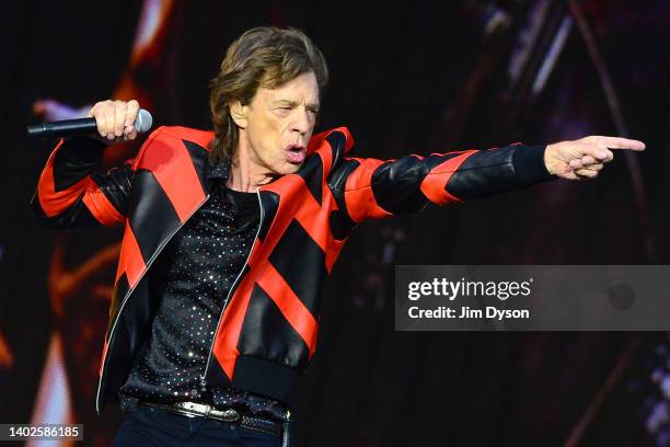 Mick Jagger of The Rolling Stones performs on stage during the SIXTY tour, at Anfield Stadium on June 09, 2022 in Liverpool, England. The Stones are...