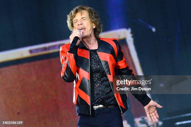 Mick Jagger of The Rolling Stones performs on stage during the SIXTY tour, at Anfield Stadium on June 09, 2022 in Liverpool, England. The Stones are...