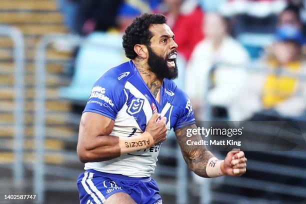 Josh Addo-Carr of the Bulldogs celebrates scoring a try during the round 14 NRL match between the Canterbury Bulldogs and the Parramatta Eels at...