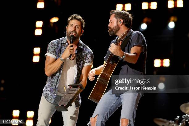 Matthew Ramsey and Brad Tursi of Old Dominion perform during day 4 of CMA Fest 2022 at Nissan Stadium on June 12, 2022 in Nashville, Tennessee.