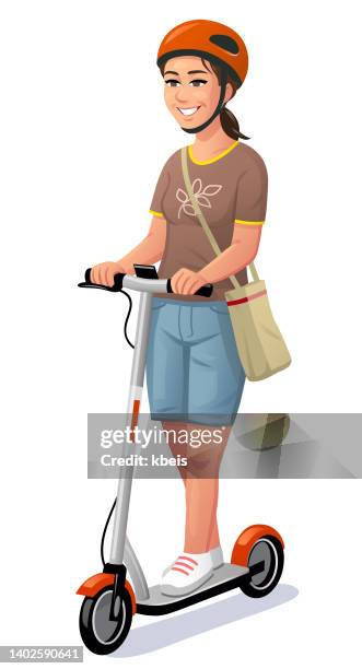 young woman riding electric scooter - mobility scooter stock illustrations