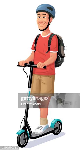 young man riding electric scooter - sports helmet stock illustrations