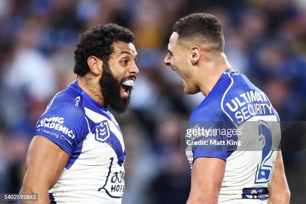 Jason Kiraz of the Bulldogs celebrates with Josh Addo-Carr after scoring a try during the round 14 NRL match between the Canterbury Bulldogs and the...