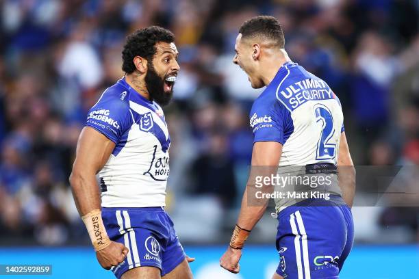Jason Kiraz of the Bulldogs celebrates with Josh Addo-Carr after scoring a try during the round 14 NRL match between the Canterbury Bulldogs and the...