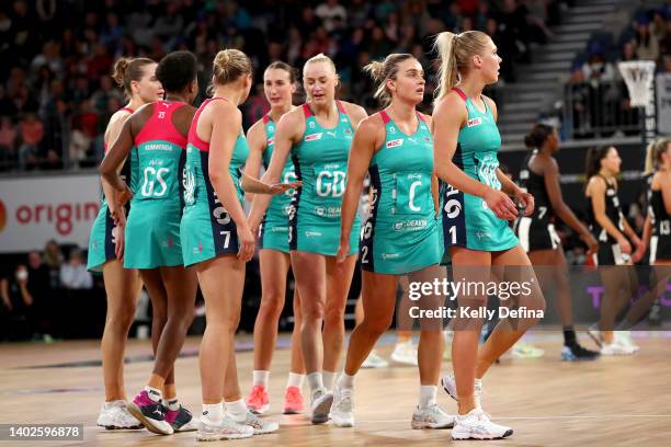 Vixens look on after the match during the round 14 Super Netball match between Collingwood Magpies and Melbourne Vixens at John Cain Arena, on June...