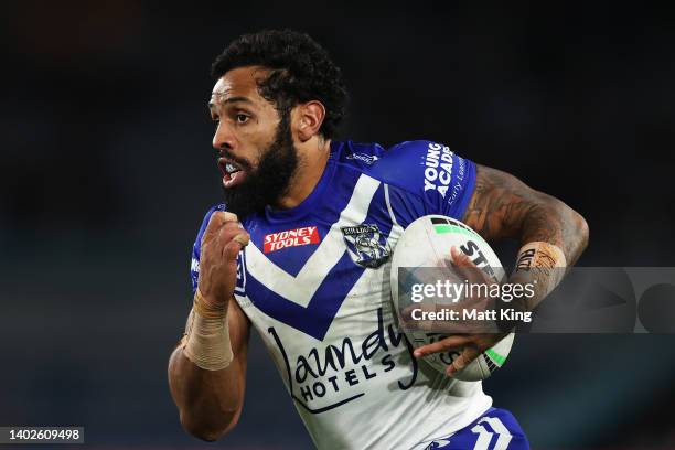 Josh Addo-Carr of the Bulldogs makes a break during the round 14 NRL match between the Canterbury Bulldogs and the Parramatta Eels at Accor Stadium,...