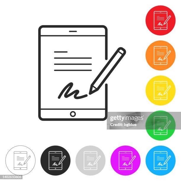 elektronische signatur auf tablet-pc. symbol auf bunten schaltflächen - unterschreiben stock-grafiken, -clipart, -cartoons und -symbole