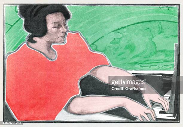 woman playing a piano concert art nouveau illustration 1898 - history abstract stock illustrations