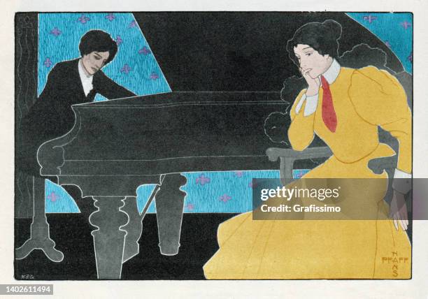 ilustraciones, imágenes clip art, dibujos animados e iconos de stock de mujer tocando un concierto de piano ilustración art nouveau 1898 - piano