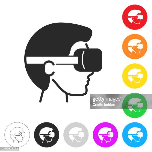 man with vr headset - virtual reality. icon on colorful buttons - man vr headset stock illustrations