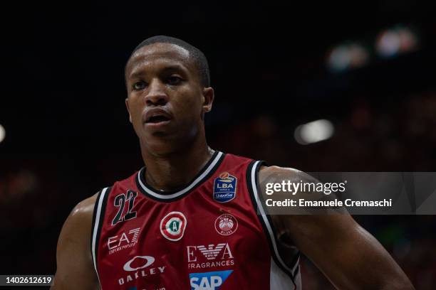 Devon Hall, #22 of AX Armani Exchange Olimpia Milano, looks on during the LBA Lega Basket Serie A Playoffs Final Game Three match between AX Armani...