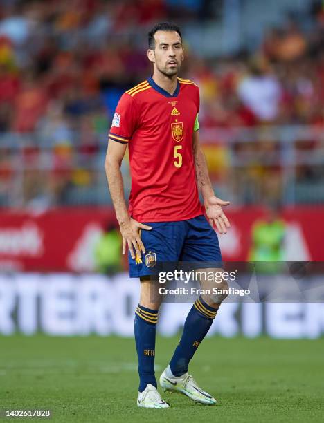 Sergio Busquets of Spain looks on during the UEFA Nations League League A Group 2 match between Spain and Czech Republic at La Rosaleda Stadium on...