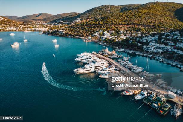 aerial view torba marina at bodrum turkey - aegean turkey stock pictures, royalty-free photos & images