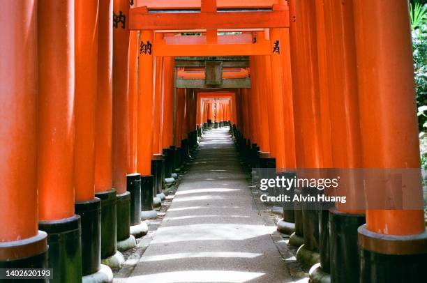 vermillion red torii gateways are a famous feature of fushimi inari shrine  ( torii gates ).located in fushimi, kyoto prefecture, kansai, japan . - 紅色 - fotografias e filmes do acervo