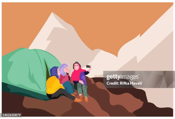 illustration of friendship camp together - camping friends stock illustrations